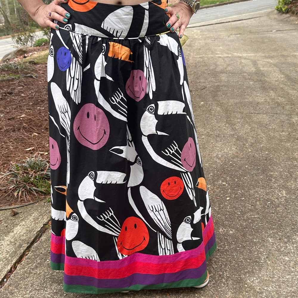 Farm Rio Colorful Smiley and Bird Print Skirt